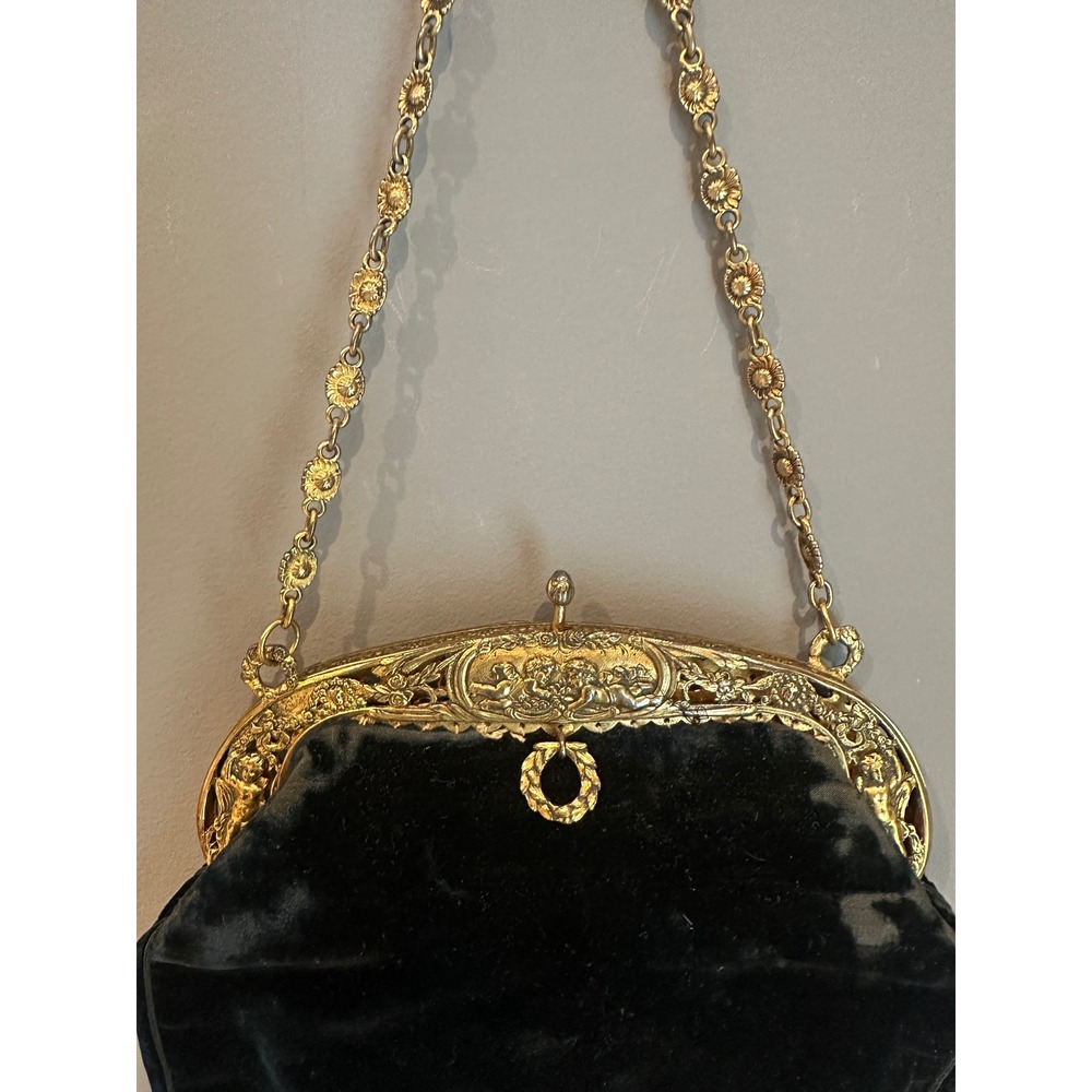 Antique Victorian 1890s Velvet Bag Vermeil Sterling Ornate Cherub Frame Purse - Picture 4 of 14